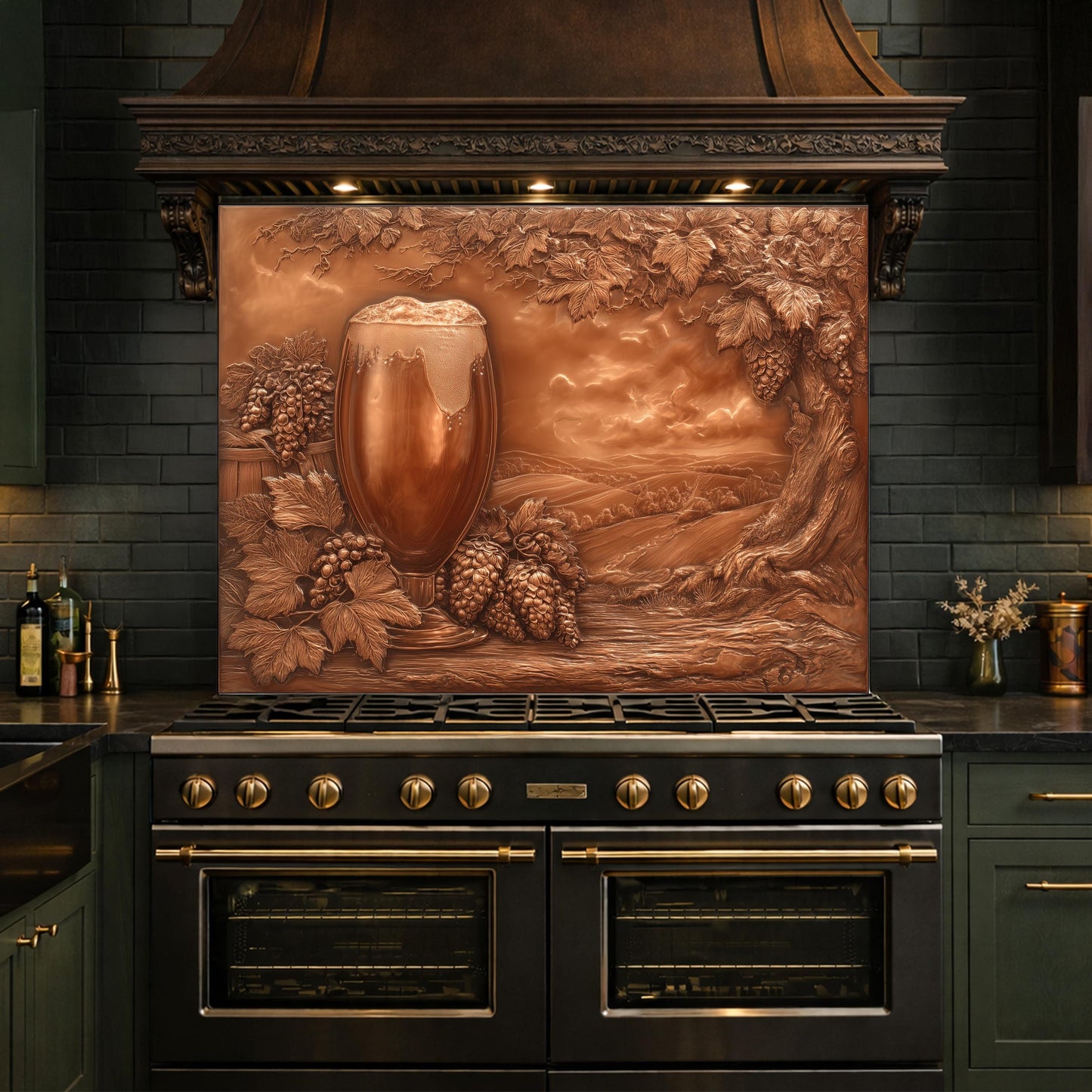 Vineyard Harvest Tempered Glass Backsplash, Copper Look Vineyard Grape Wall Panel, Custom Size