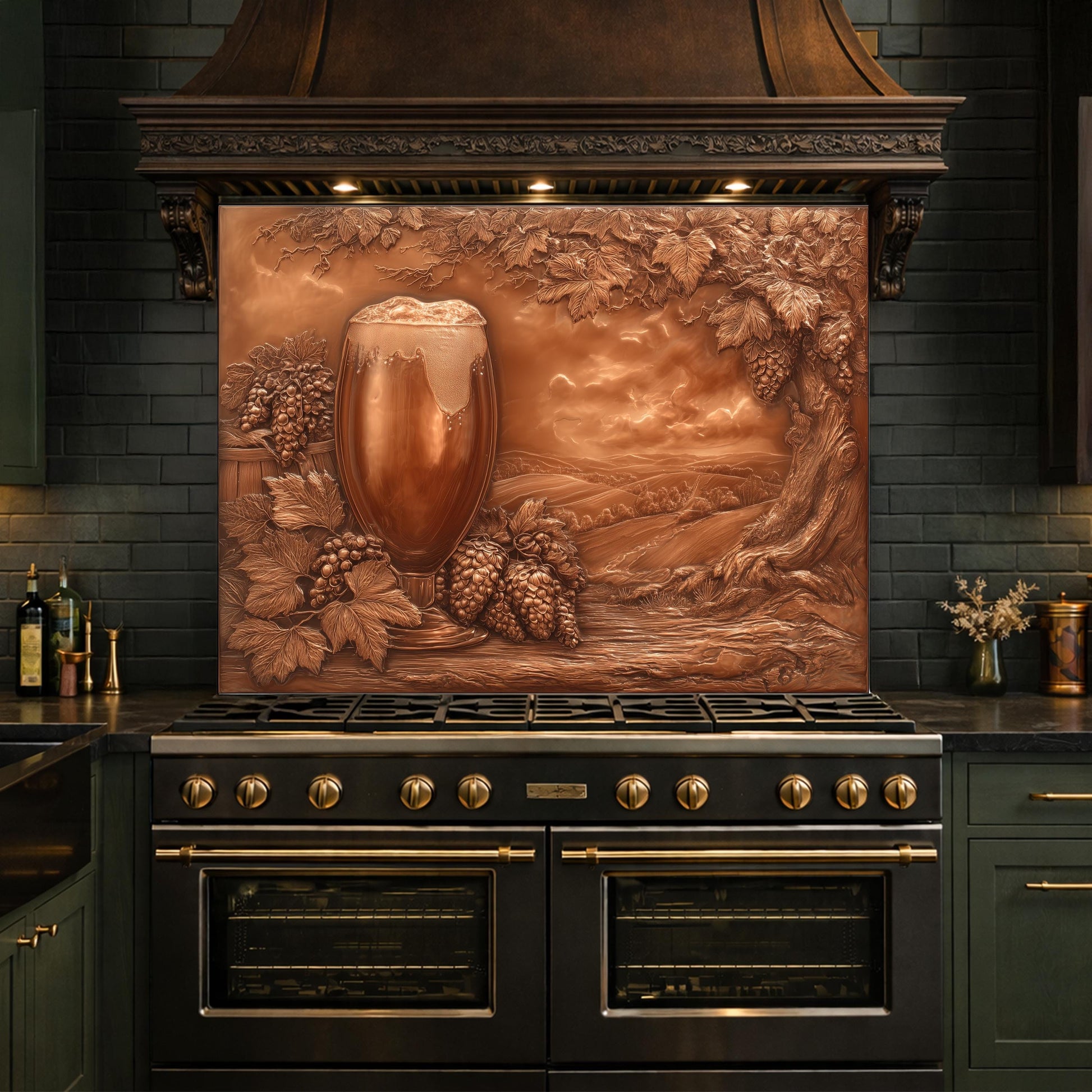Vineyard Harvest Tempered Glass Backsplash, Copper Look Vineyard Grape Wall Panel, Custom Size