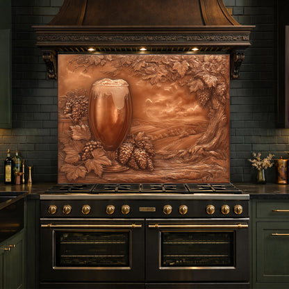 Vineyard Harvest Tempered Glass Backsplash, Copper Look Vineyard Grape Wall Panel, Custom Size