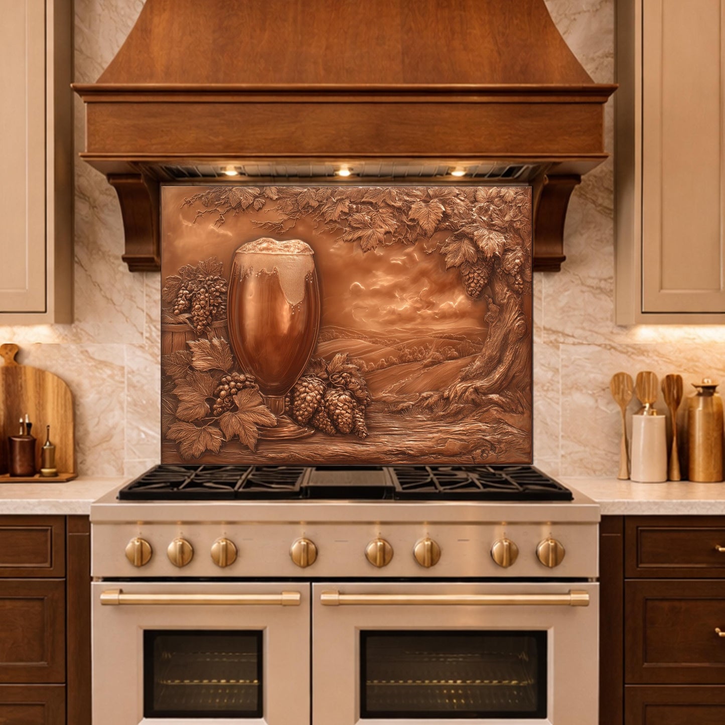 Vineyard Harvest Tempered Glass Backsplash, Copper Look Vineyard Grape Wall Panel, Custom Size