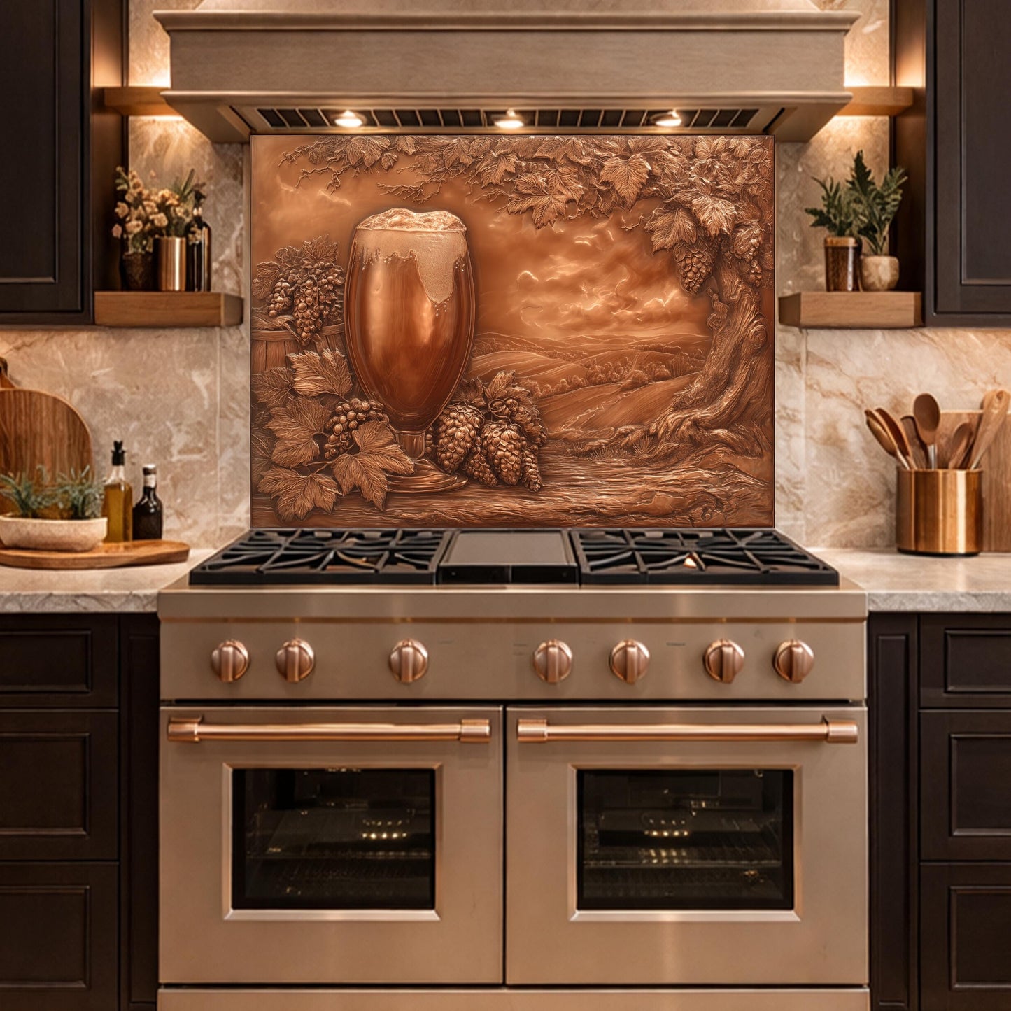 Vineyard Harvest Tempered Glass Backsplash, Copper Look Vineyard Grape Wall Panel, Custom Size