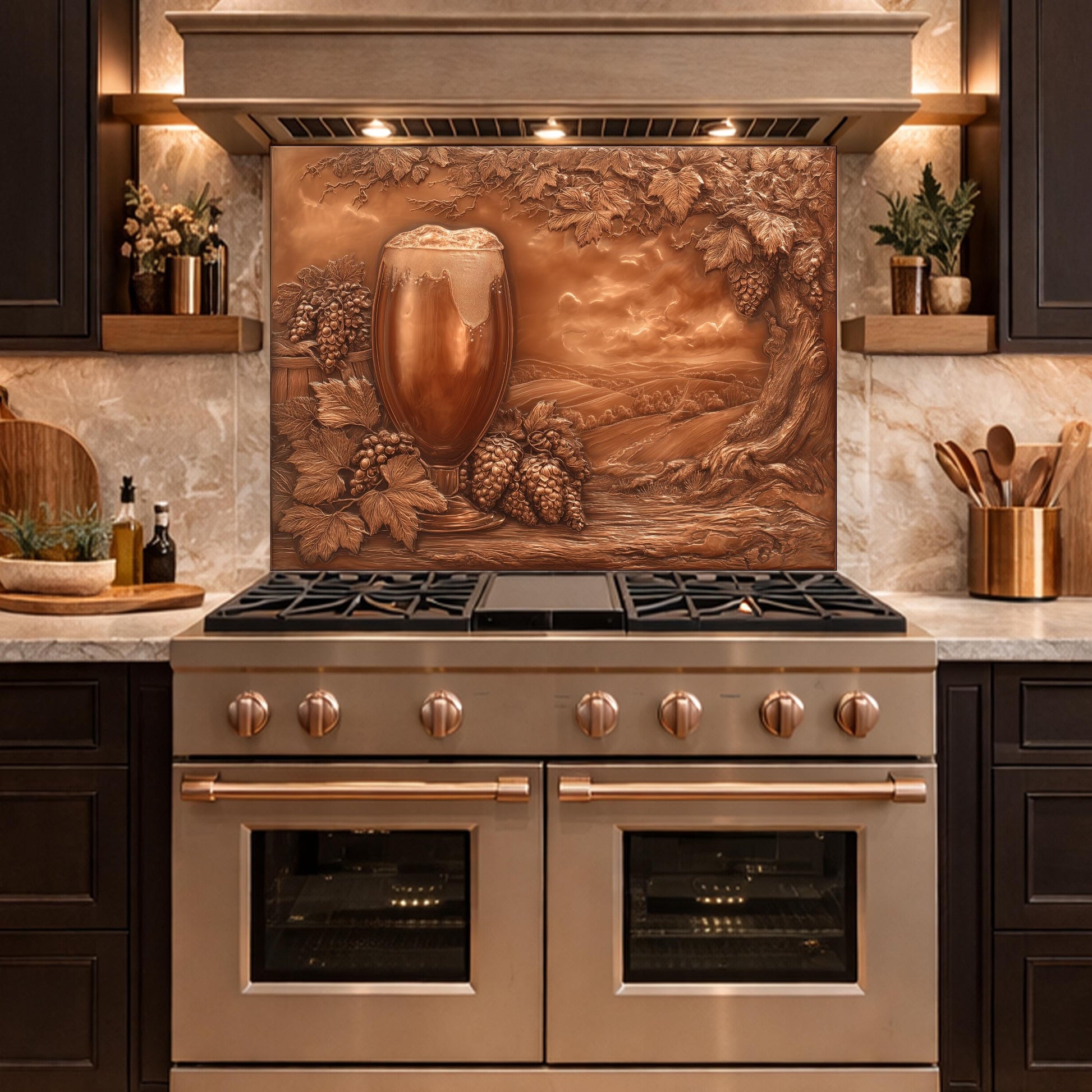 Vineyard Harvest Tempered Glass Backsplash, Copper Look Vineyard Grape Wall Panel, Custom Size