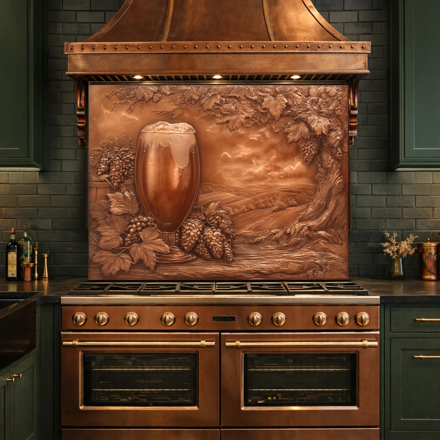 Vineyard Harvest Tempered Glass Backsplash, Copper Look Vineyard Grape Wall Panel, Custom Size