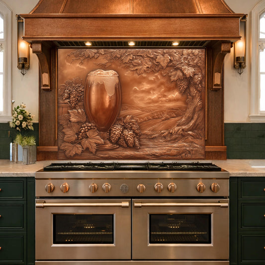 Vineyard Harvest Tempered Glass Backsplash, Copper Look Vineyard Grape Wall Panel, Custom Size