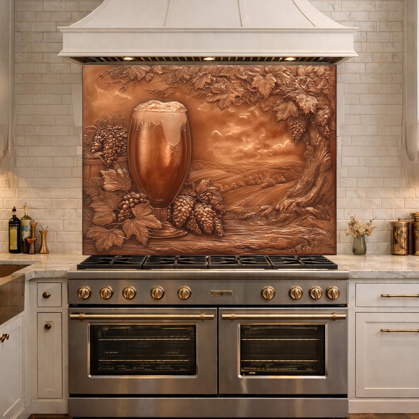 Vineyard Harvest Tempered Glass Backsplash, Copper Look Vineyard Grape Wall Panel, Custom Size