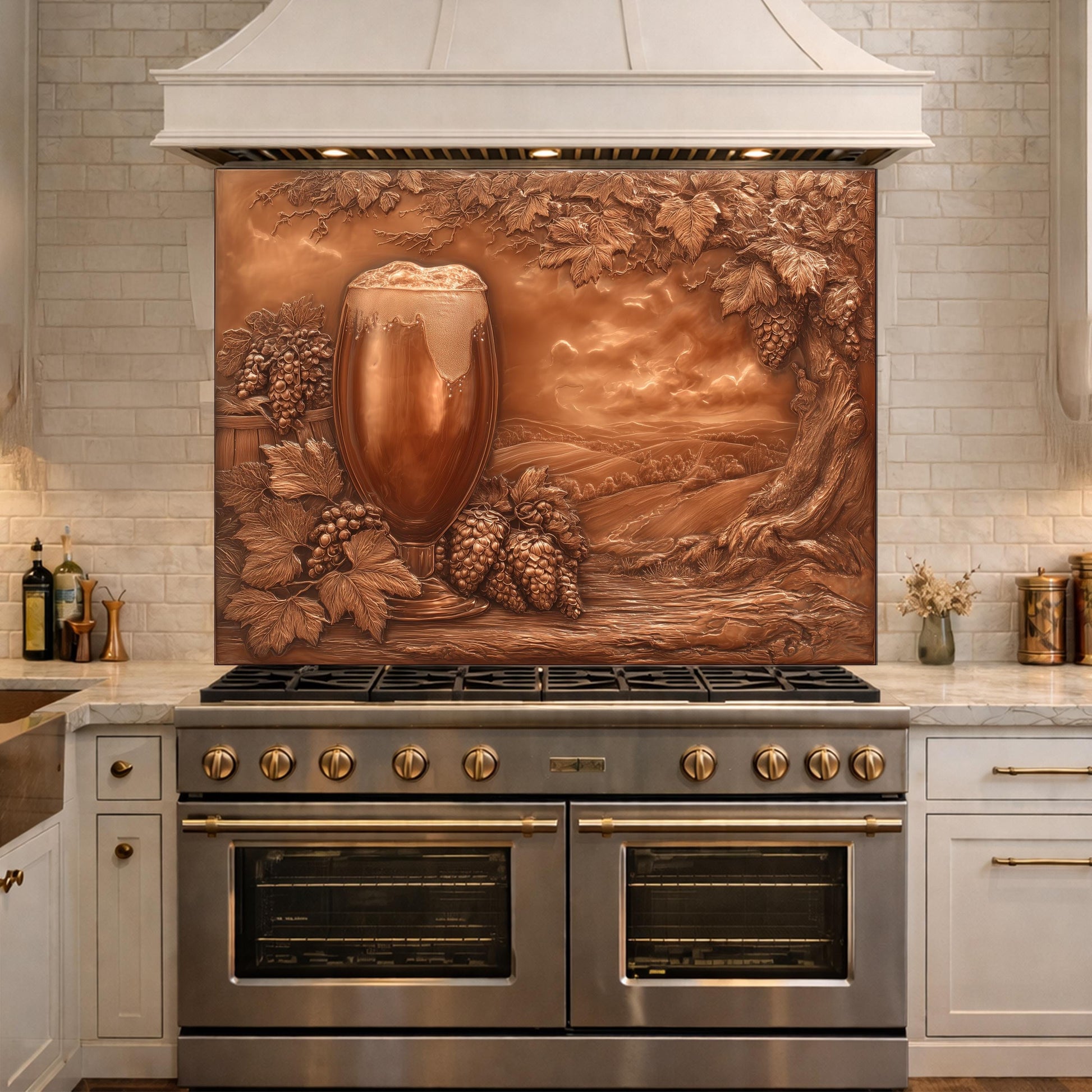 Vineyard Harvest Tempered Glass Backsplash, Copper Look Vineyard Grape Wall Panel, Custom Size
