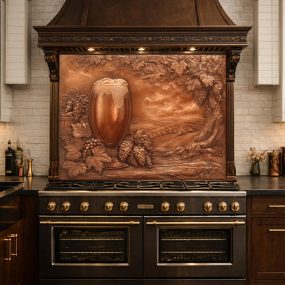 Vineyard Harvest Tempered Glass Backsplash, Copper Look Vineyard Grape Wall Panel, Custom Size