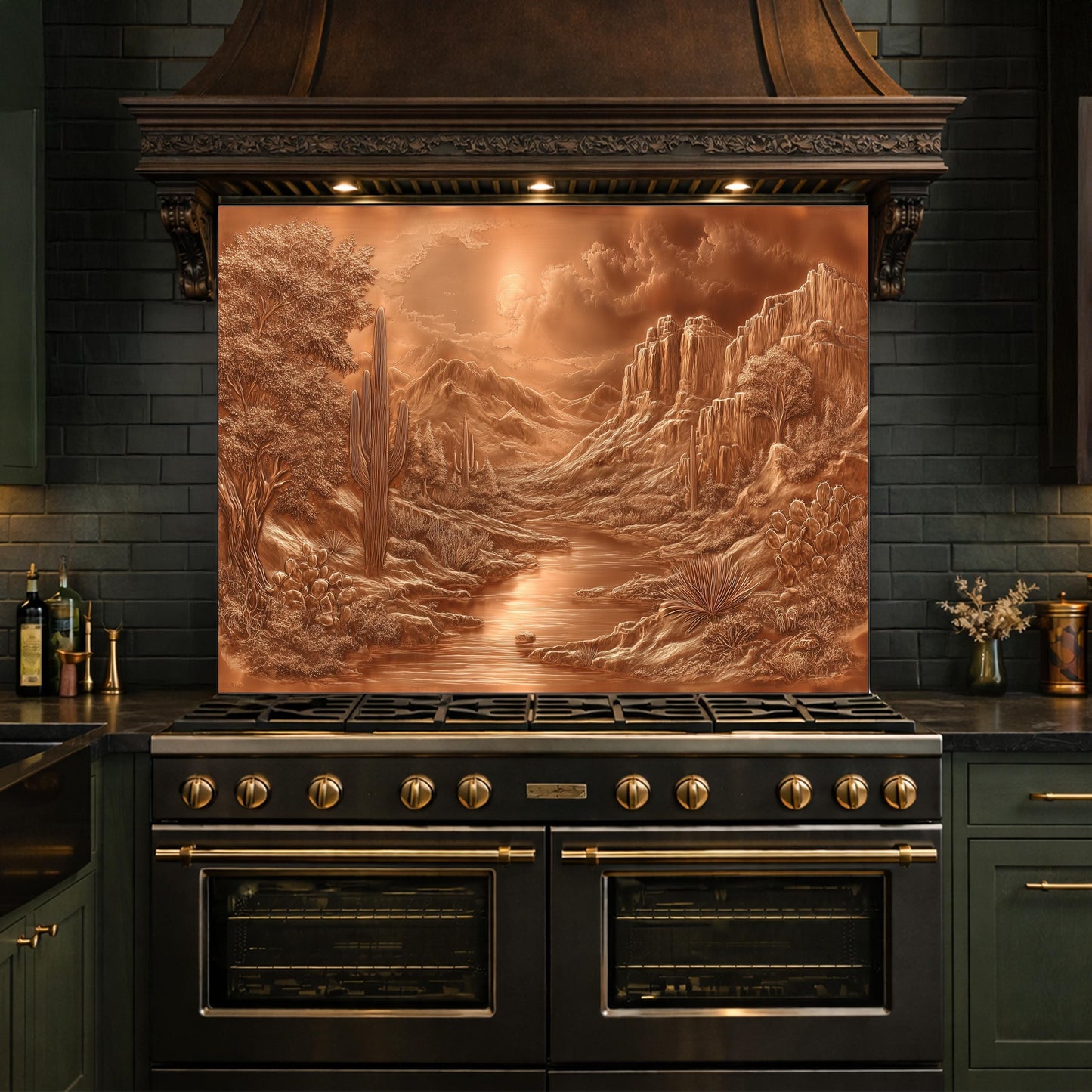 Desert Oasis Tempered Glass Backsplash, Copper Look Saguaro Cactus Wall Panel, Custom Size
