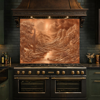 Desert Oasis Tempered Glass Backsplash, Copper Look Saguaro Cactus Wall Panel, Custom Size