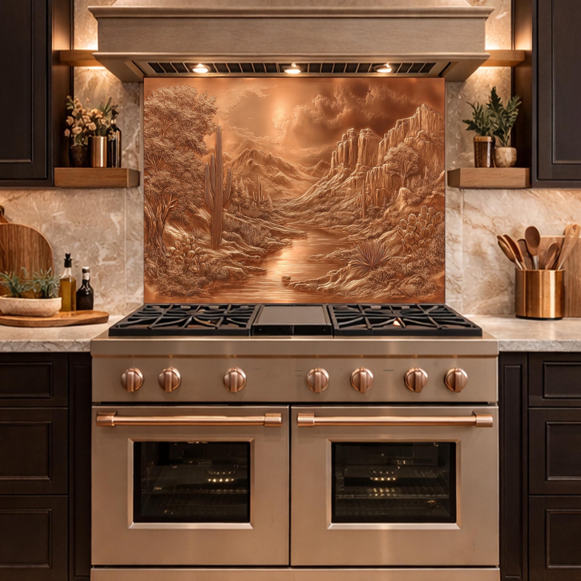 Desert Oasis Tempered Glass Backsplash, Copper Look Saguaro Cactus Wall Panel, Custom Size