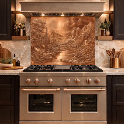 Desert Oasis Tempered Glass Backsplash, Copper Look Saguaro Cactus Wall Panel, Custom Size
