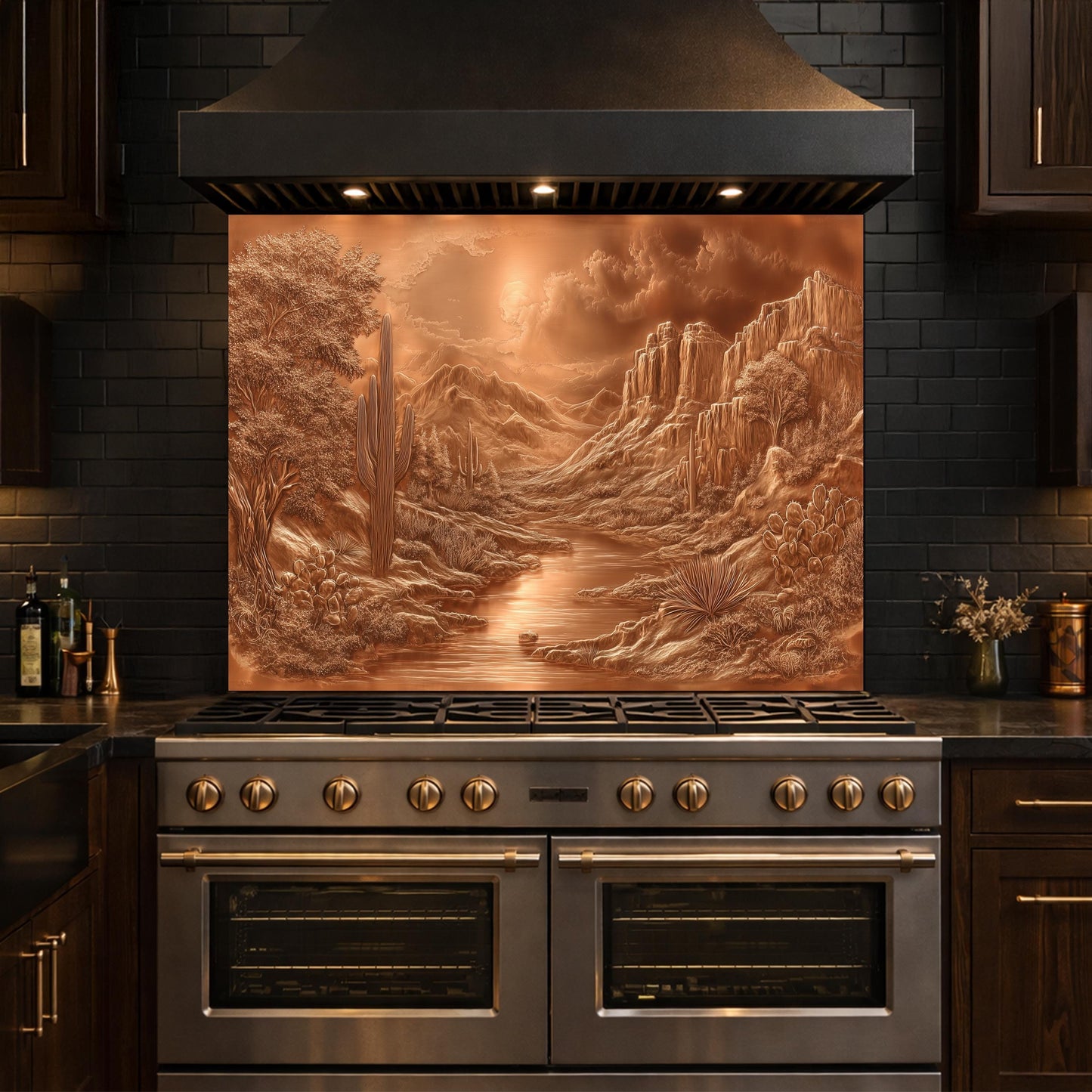 Desert Oasis Tempered Glass Backsplash, Copper Look Saguaro Cactus Wall Panel, Custom Size