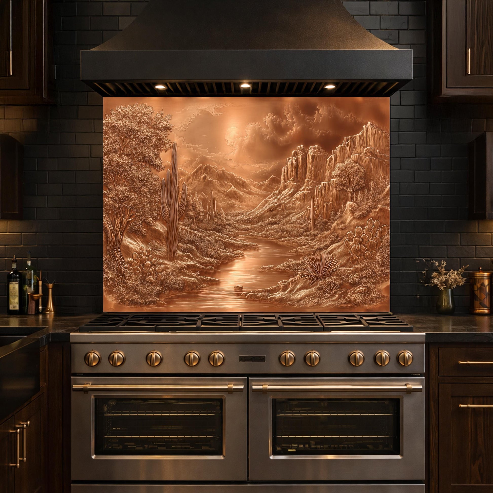 Desert Oasis Tempered Glass Backsplash, Copper Look Saguaro Cactus Wall Panel, Custom Size