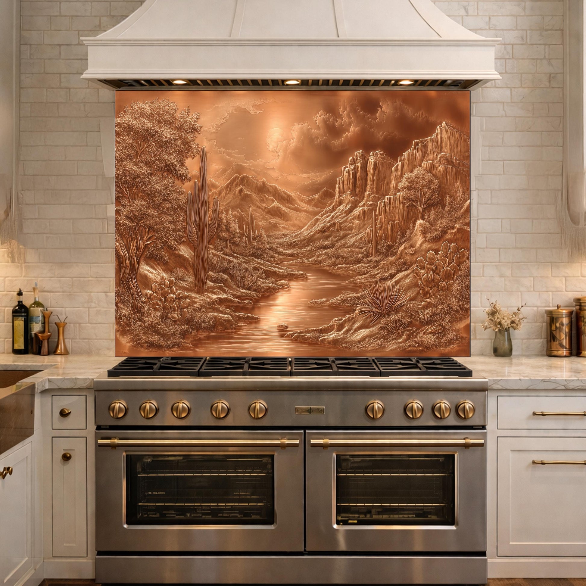 Desert Oasis Tempered Glass Backsplash, Copper Look Saguaro Cactus Wall Panel, Custom Size