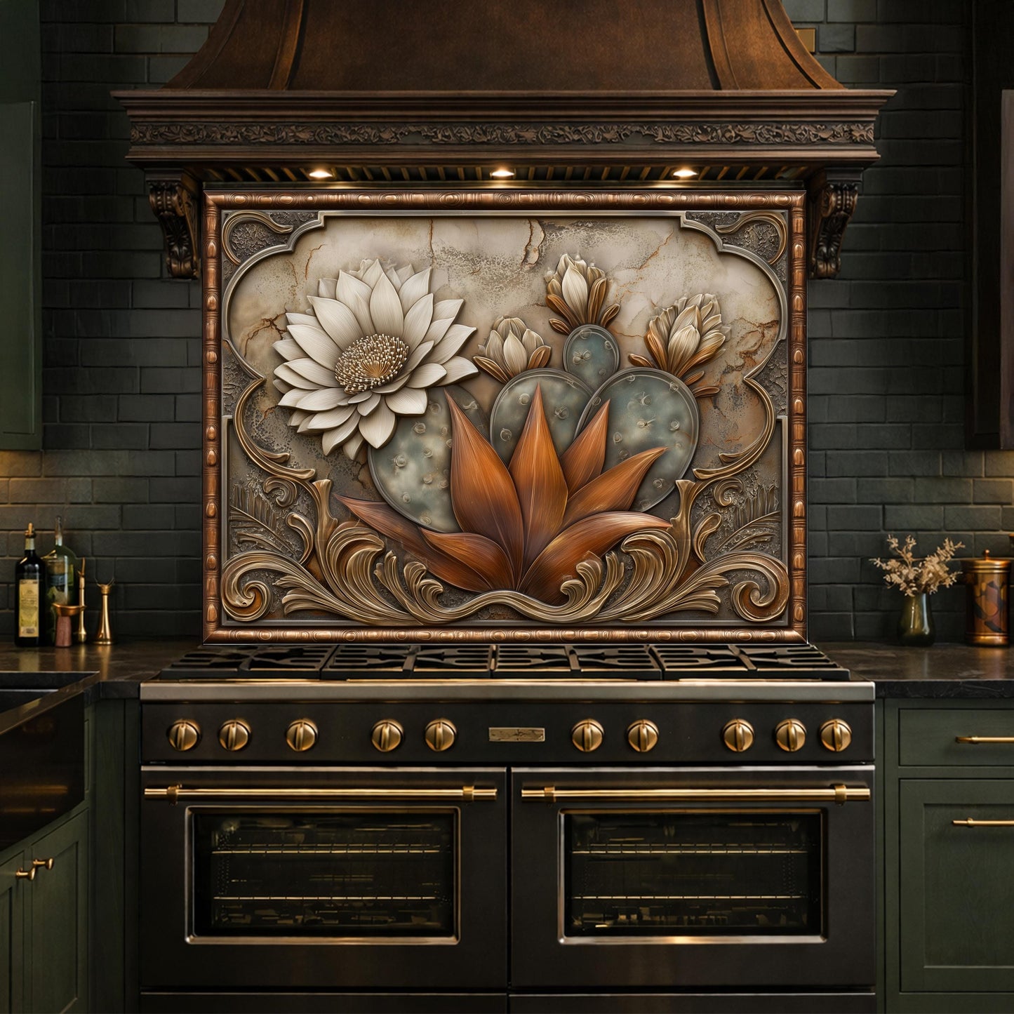Desert Bloom Tempered Glass Backsplash, Copper Look Cactus Floral Wall Panel, Custom Size