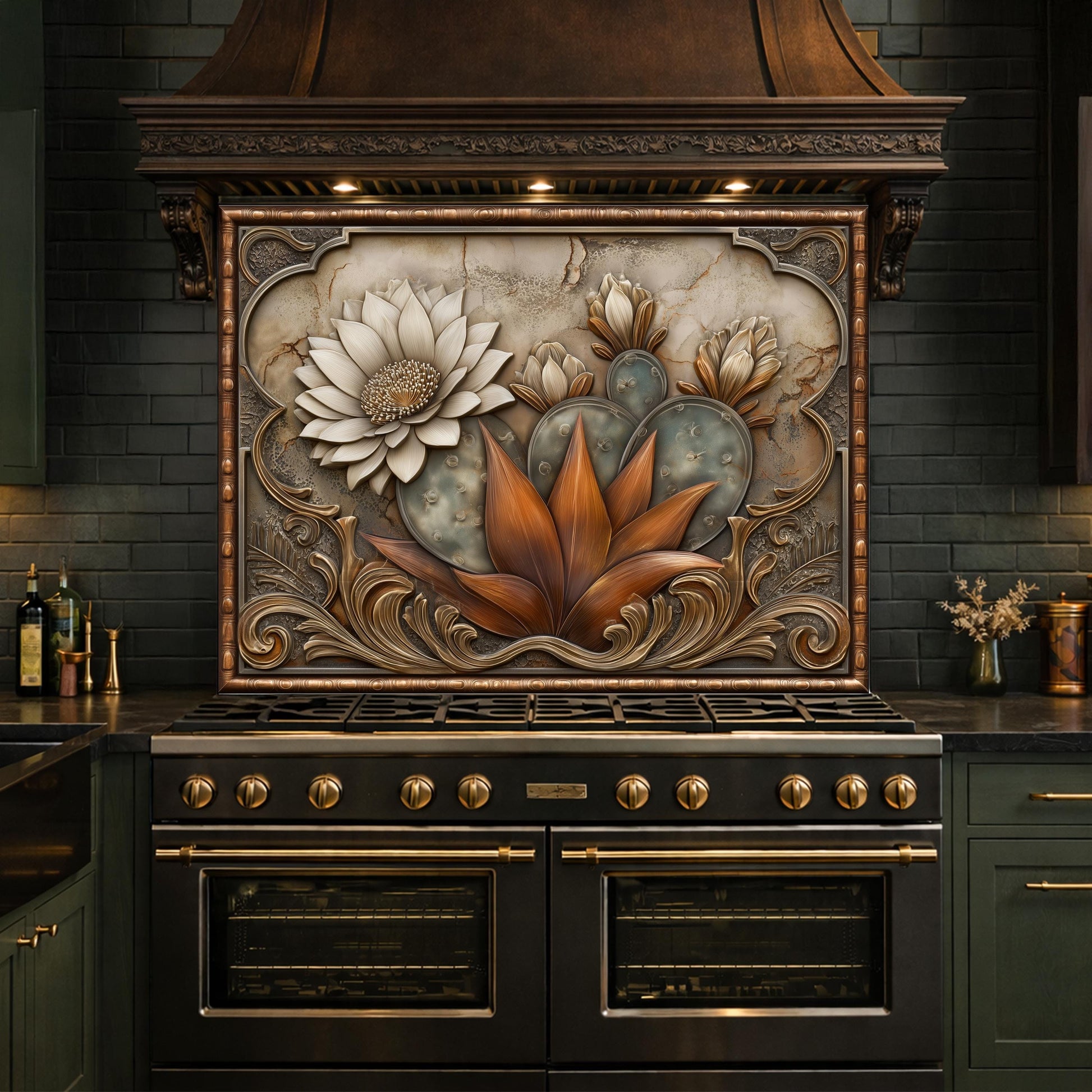 Desert Bloom Tempered Glass Backsplash, Copper Look Cactus Floral Wall Panel, Custom Size