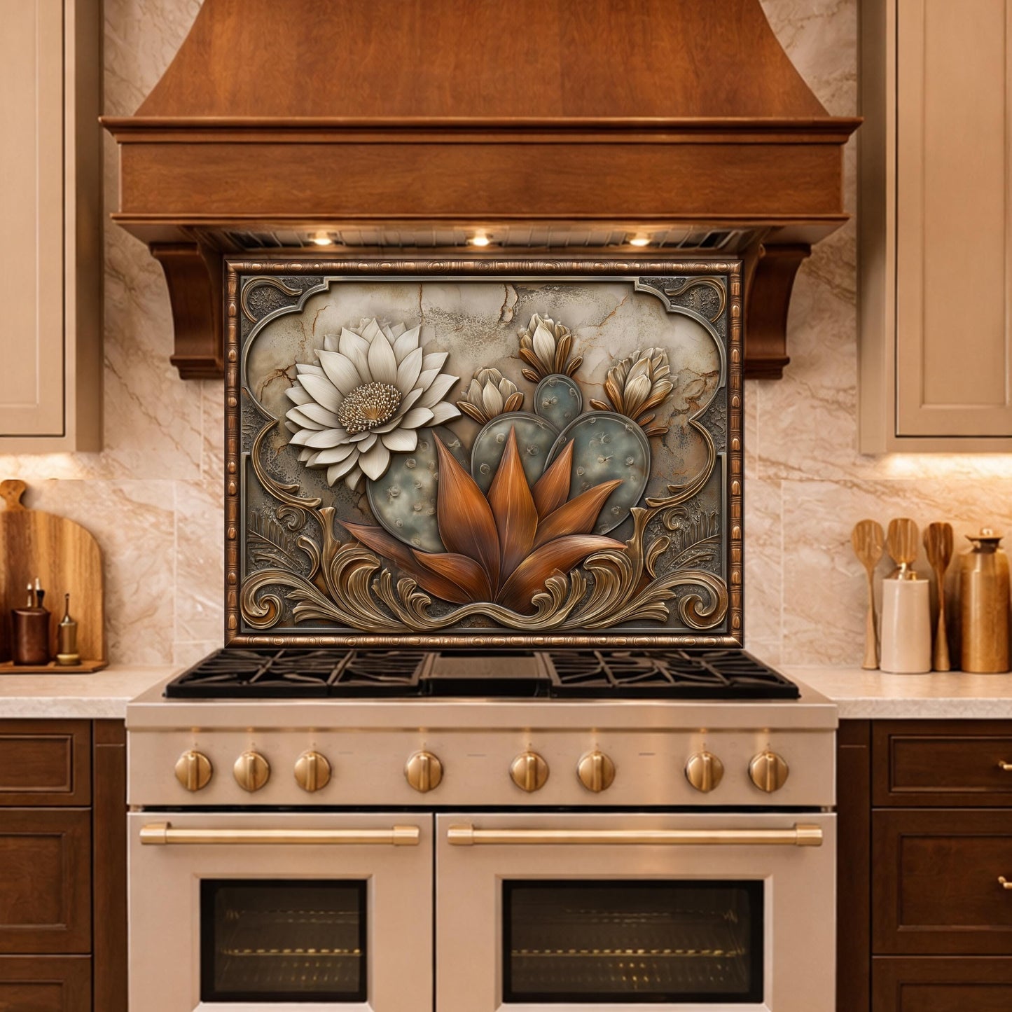 Desert Bloom Tempered Glass Backsplash, Copper Look Cactus Floral Wall Panel, Custom Size