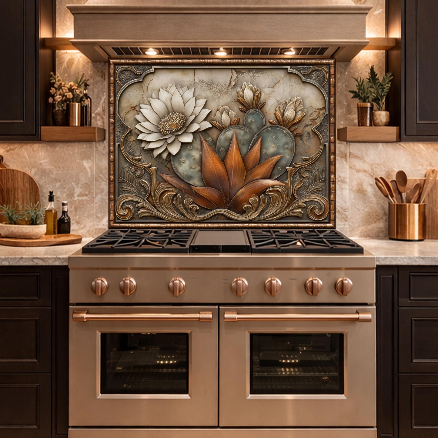 Desert Bloom Tempered Glass Backsplash, Copper Look Cactus Floral Wall Panel, Custom Size