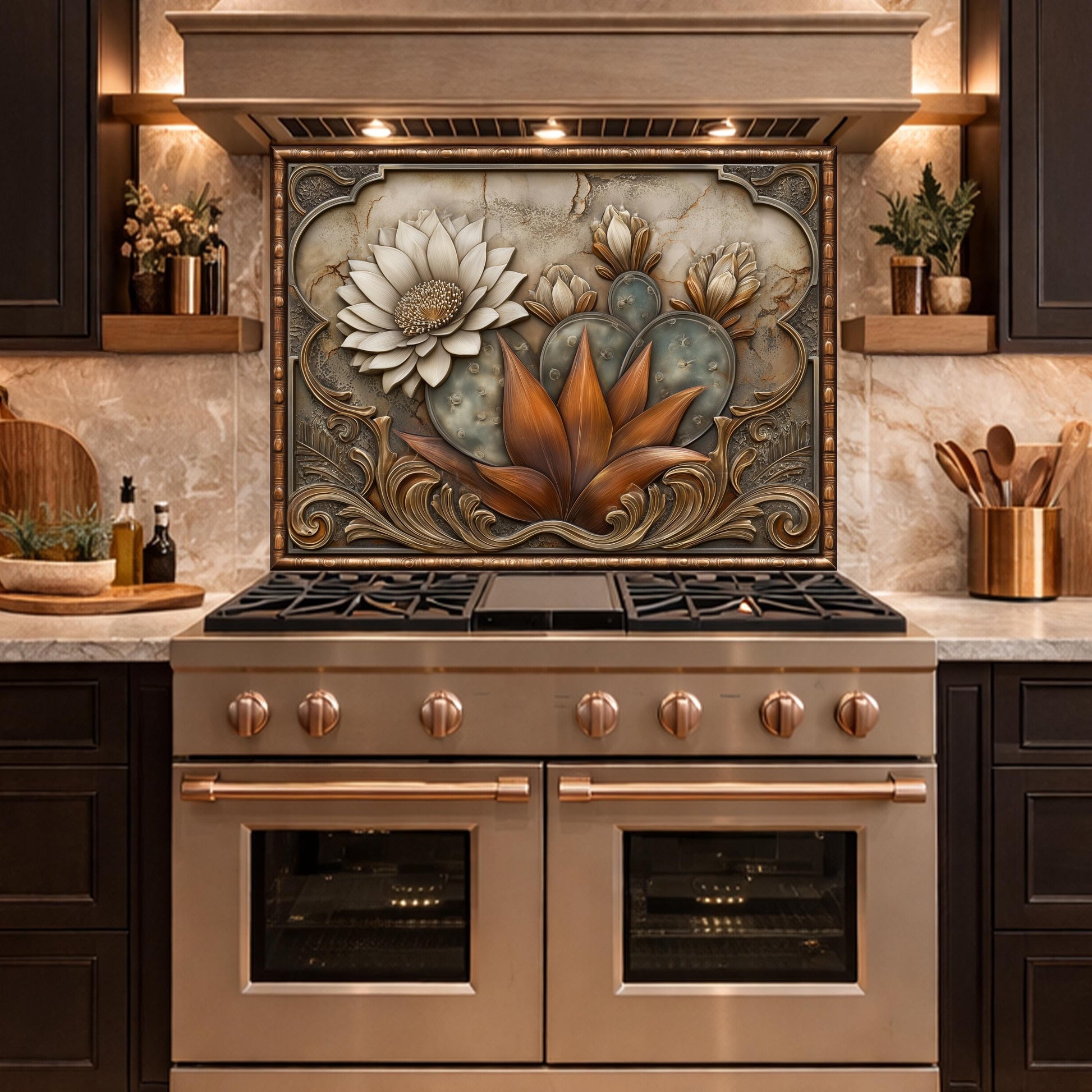 Desert Bloom Tempered Glass Backsplash, Copper Look Cactus Floral Wall Panel, Custom Size