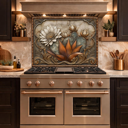 Desert Bloom Tempered Glass Backsplash, Copper Look Cactus Floral Wall Panel, Custom Size