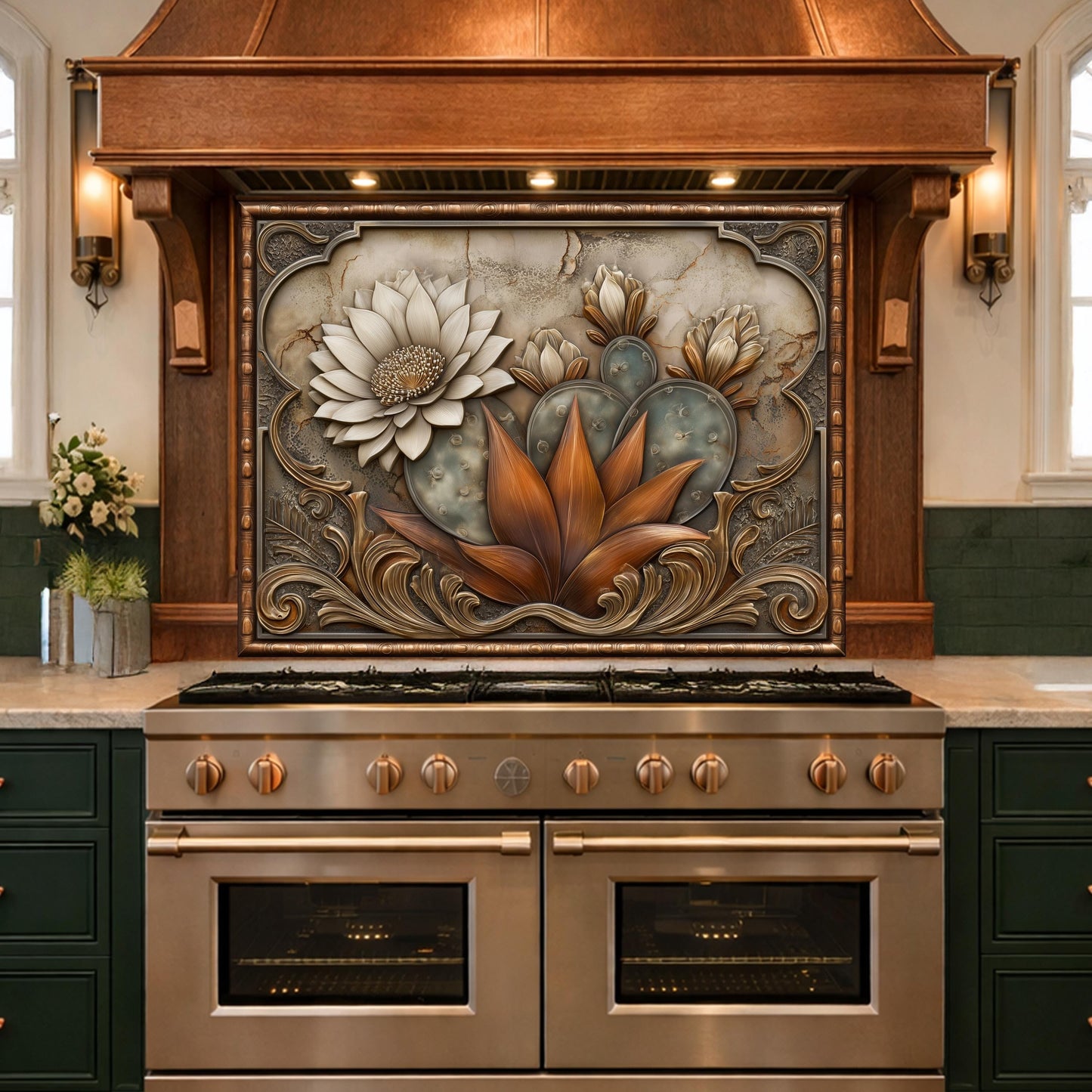 Desert Bloom Tempered Glass Backsplash, Copper Look Cactus Floral Wall Panel, Custom Size