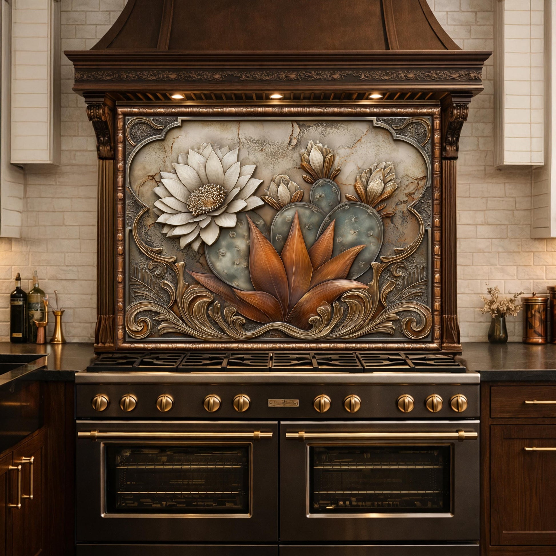 Desert Bloom Tempered Glass Backsplash, Copper Look Cactus Floral Wall Panel, Custom Size