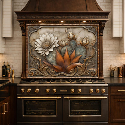 Desert Bloom Tempered Glass Backsplash, Copper Look Cactus Floral Wall Panel, Custom Size