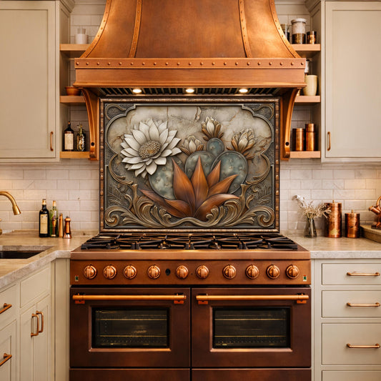 Desert Bloom Tempered Glass Backsplash, Copper Look Cactus Floral Wall Panel, Custom Size