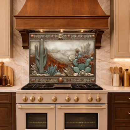 Desert Landscape Tempered Glass Backsplash, Copper Look Saguaro Cactus Wall Panel, Custom Size