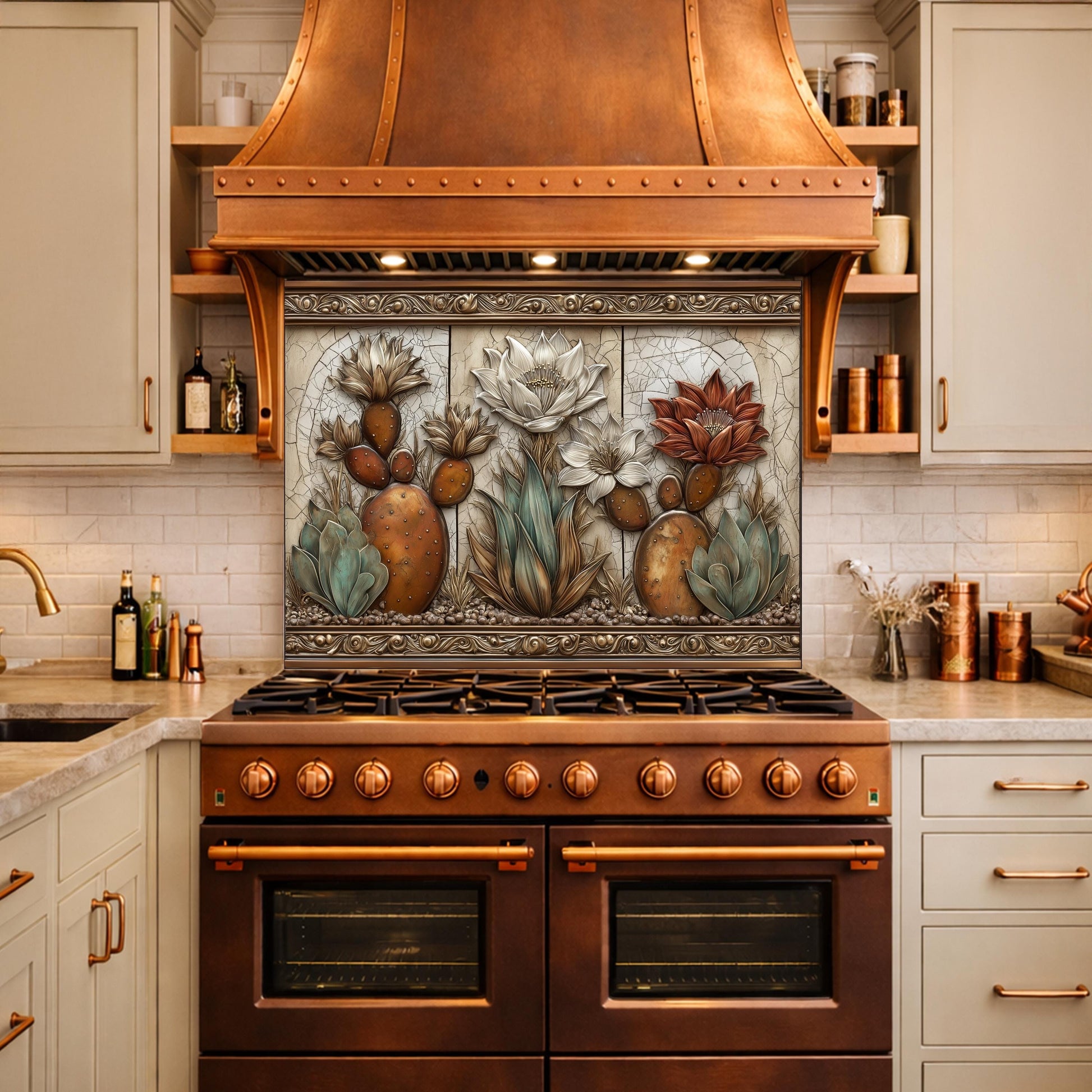 Desert Oasis Tempered Glass Backsplash, Copper Look Saguaro Cactus Wall Panel, Custom Size