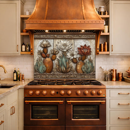 Desert Oasis Tempered Glass Backsplash, Copper Look Saguaro Cactus Wall Panel, Custom Size