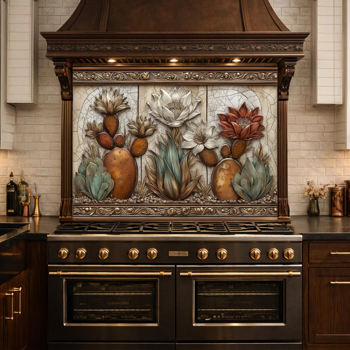 Desert Oasis Tempered Glass Backsplash, Copper Look Saguaro Cactus Wall Panel, Custom Size