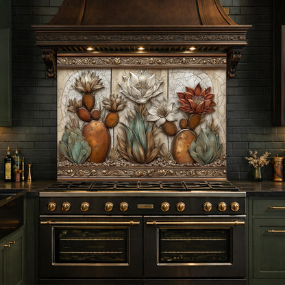 Desert Oasis Tempered Glass Backsplash, Copper Look Saguaro Cactus Wall Panel, Custom Size