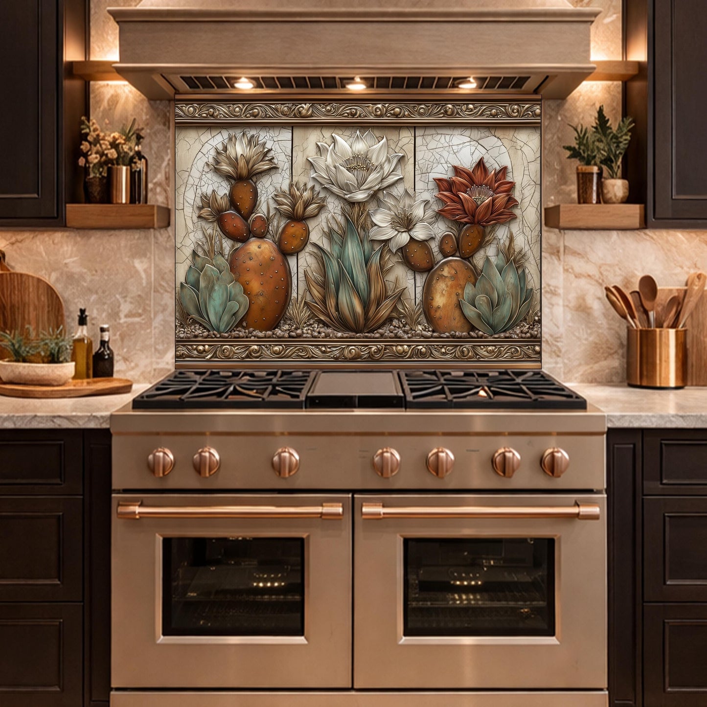 Desert Oasis Tempered Glass Backsplash, Copper Look Saguaro Cactus Wall Panel, Custom Size