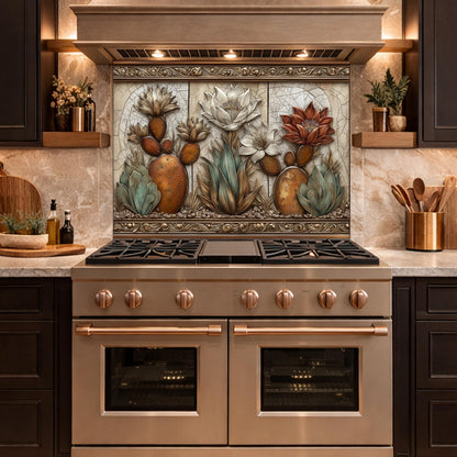 Desert Oasis Tempered Glass Backsplash, Copper Look Saguaro Cactus Wall Panel, Custom Size