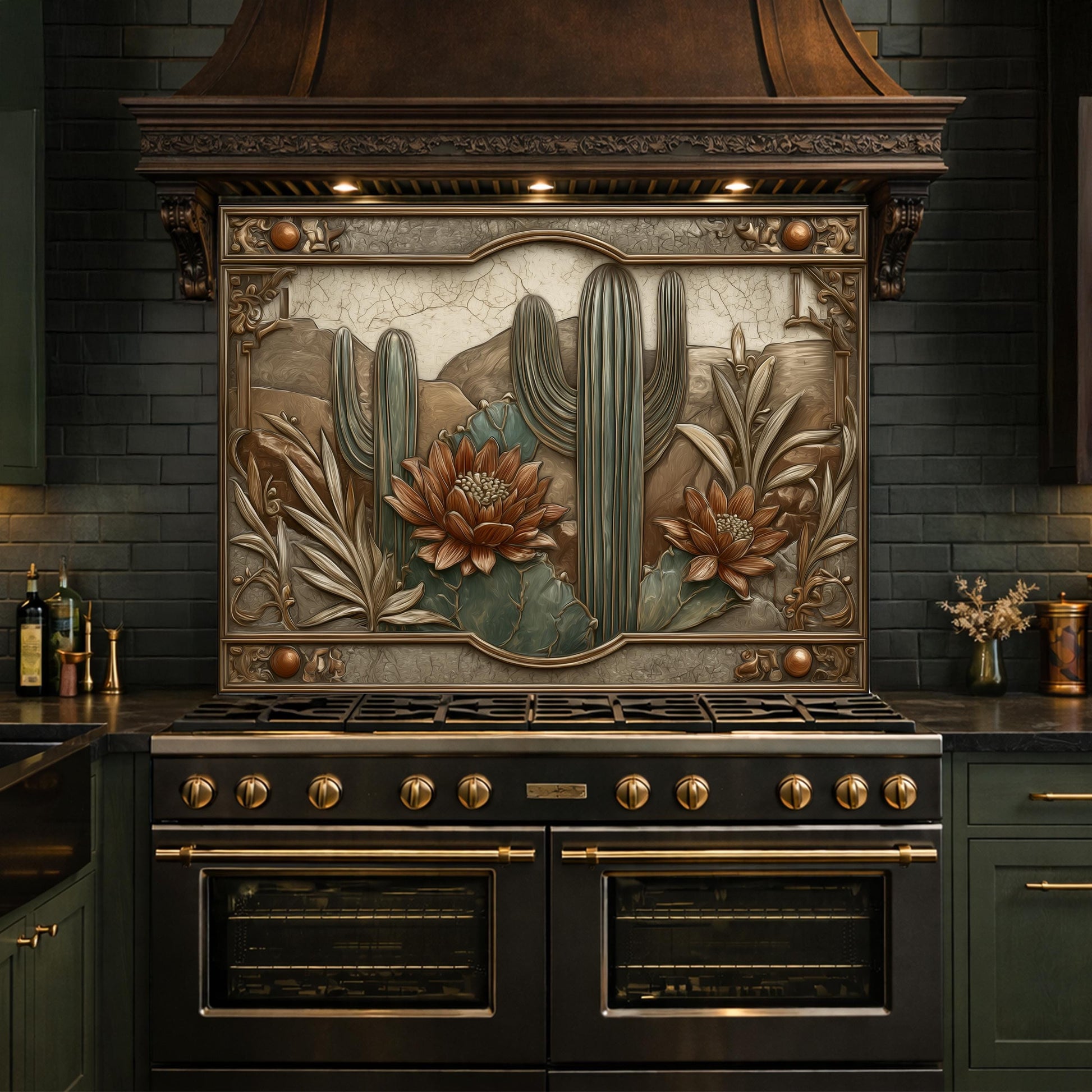 Desert Botanicals Tempered Glass Backsplash, Copper Look Cactus Floral Wall Panel, Custom Size