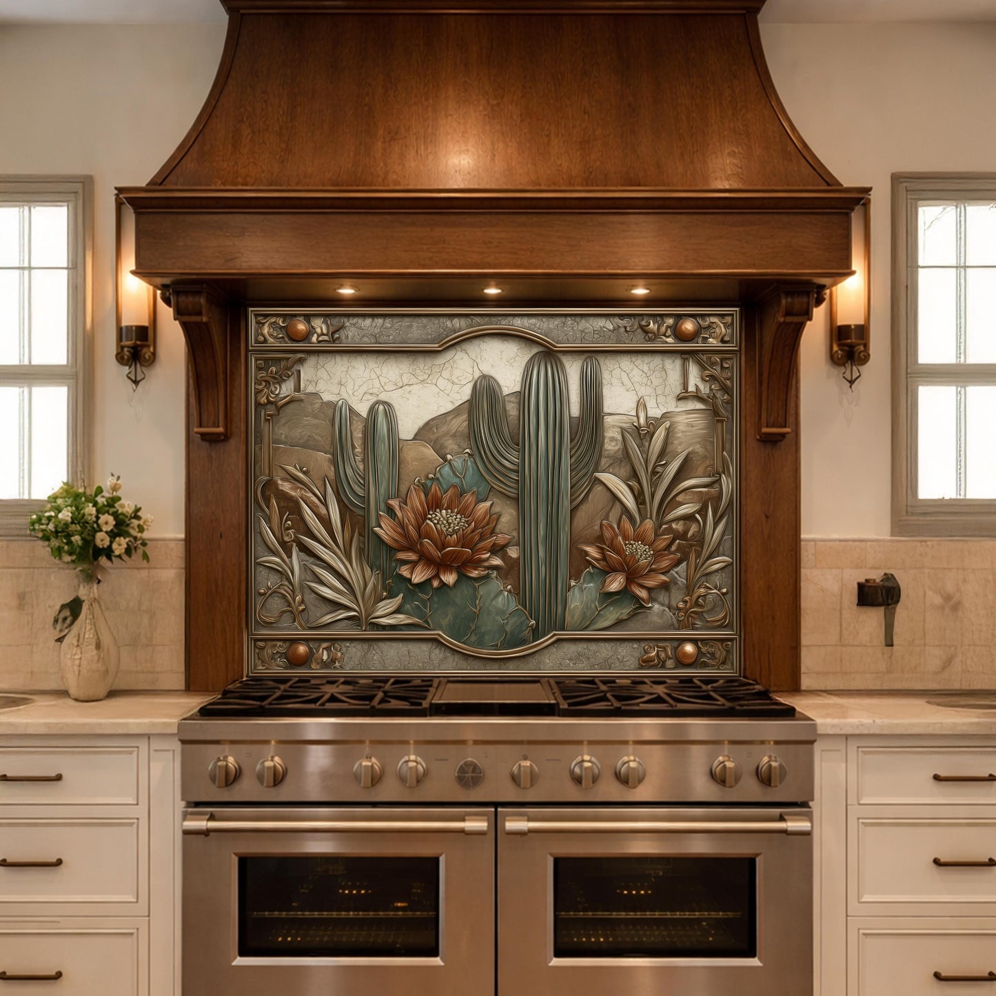 Desert Botanicals Tempered Glass Backsplash, Copper Look Cactus Floral Wall Panel, Custom Size