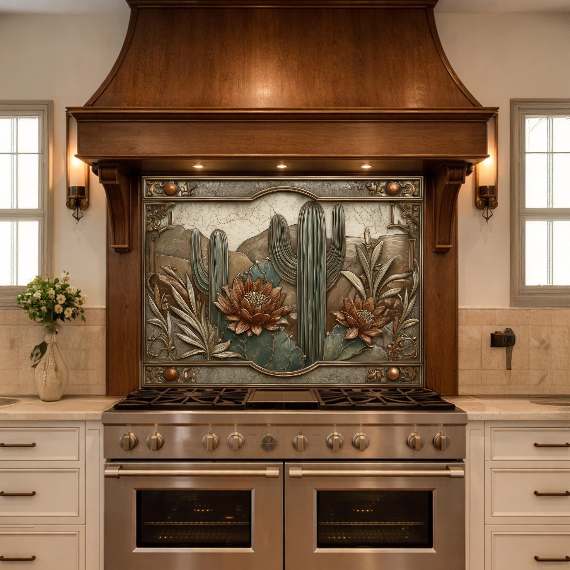 Desert Botanicals Tempered Glass Backsplash, Copper Look Cactus Floral Wall Panel, Custom Size