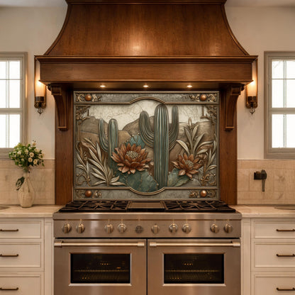 Desert Botanicals Tempered Glass Backsplash, Copper Look Cactus Floral Wall Panel, Custom Size