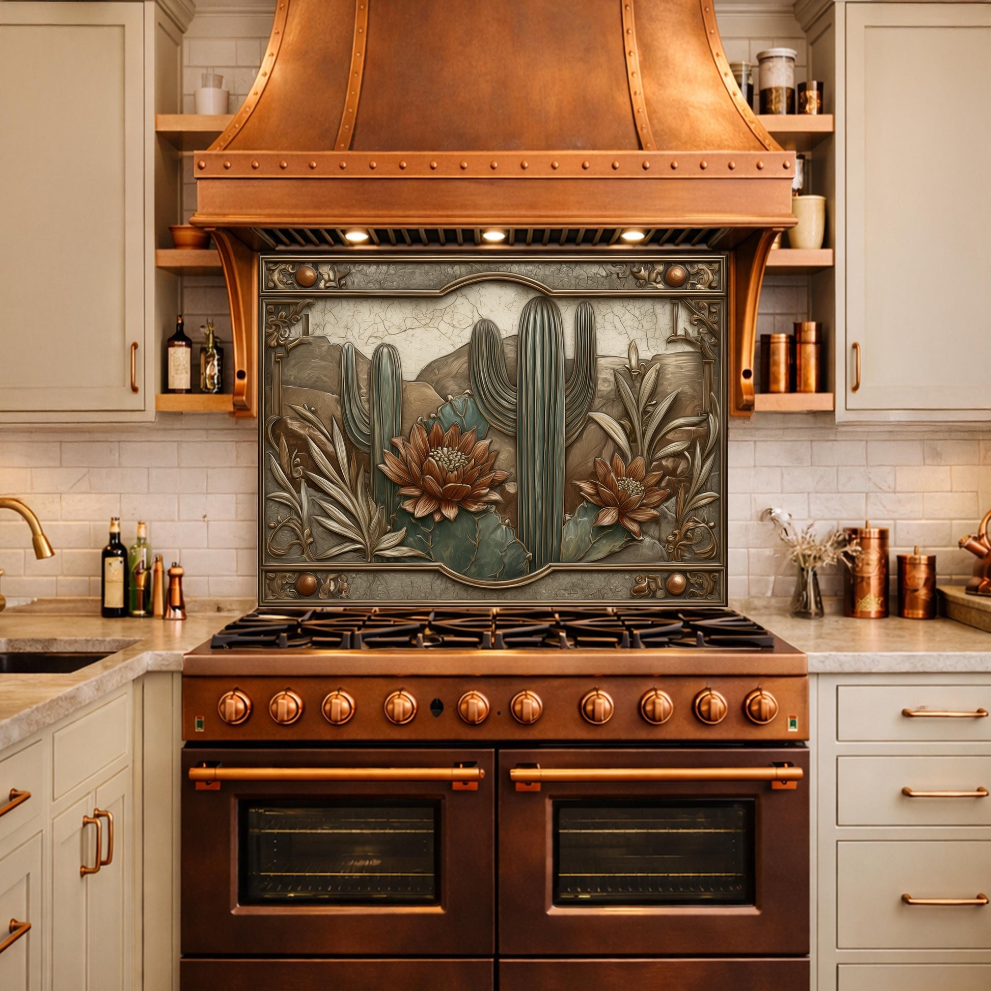 Desert Botanicals Tempered Glass Backsplash, Copper Look Cactus Floral Wall Panel, Custom Size