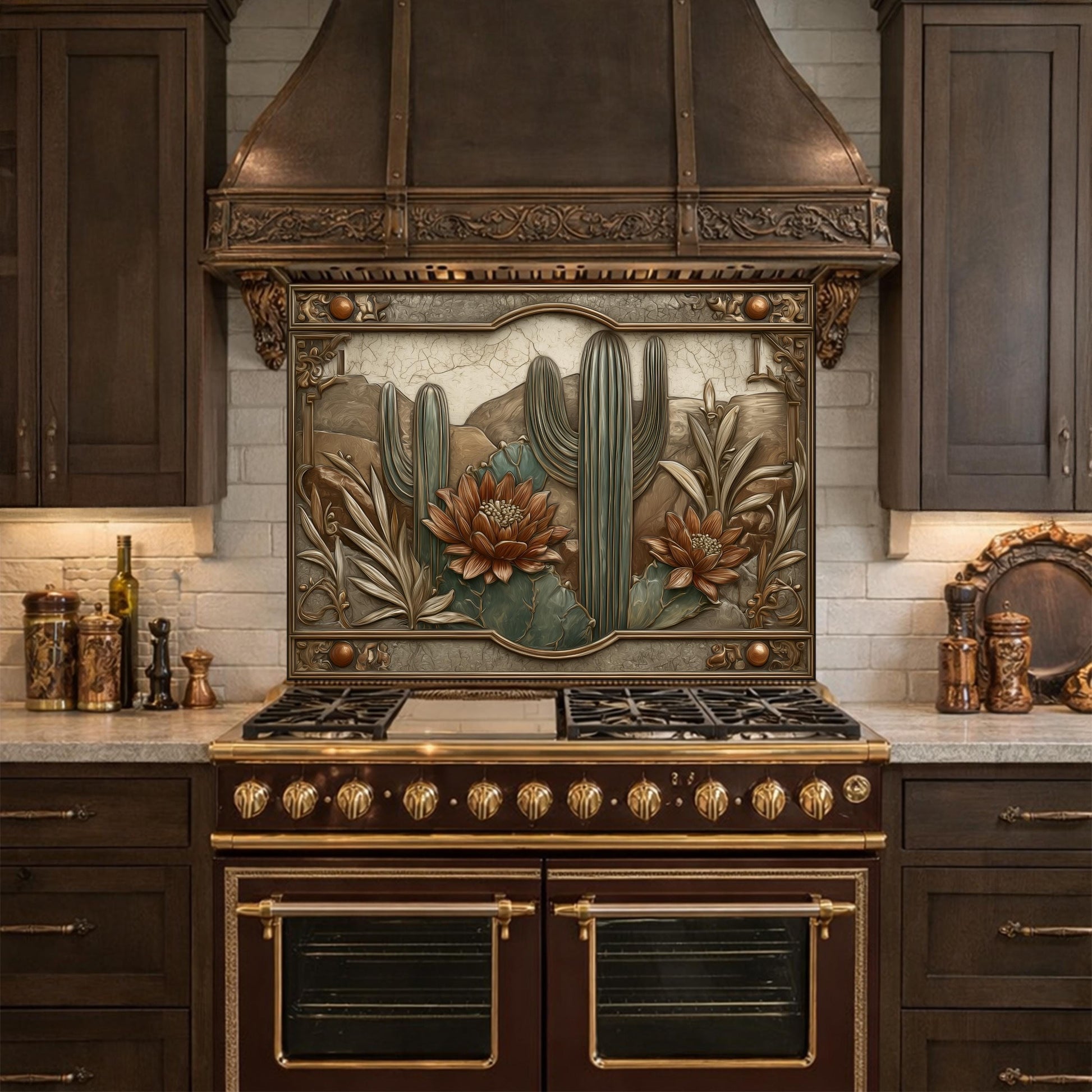Desert Botanicals Tempered Glass Backsplash, Copper Look Cactus Floral Wall Panel, Custom Size