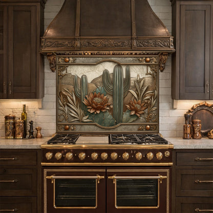 Desert Botanicals Tempered Glass Backsplash, Copper Look Cactus Floral Wall Panel, Custom Size