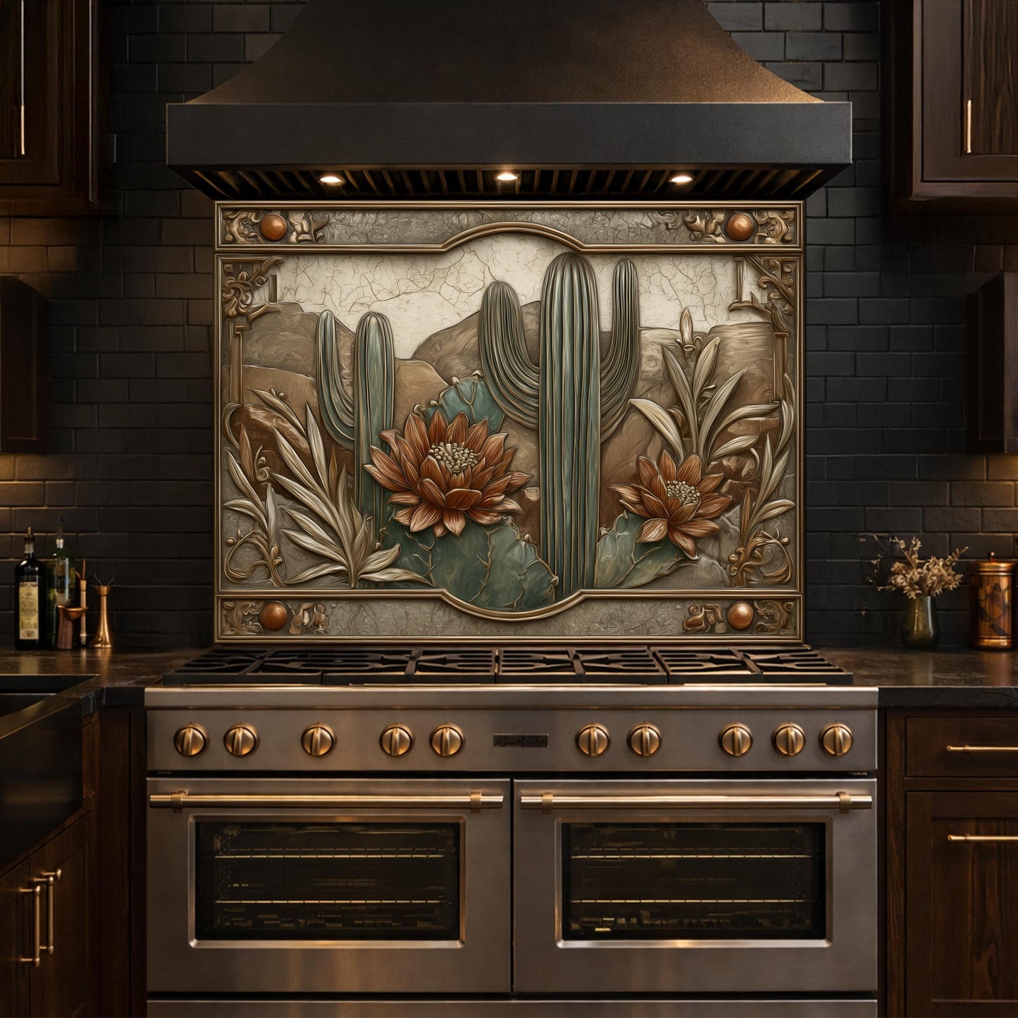 Desert Botanicals Tempered Glass Backsplash, Copper Look Cactus Floral Wall Panel, Custom Size