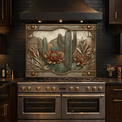 Desert Botanicals Tempered Glass Backsplash, Copper Look Cactus Floral Wall Panel, Custom Size