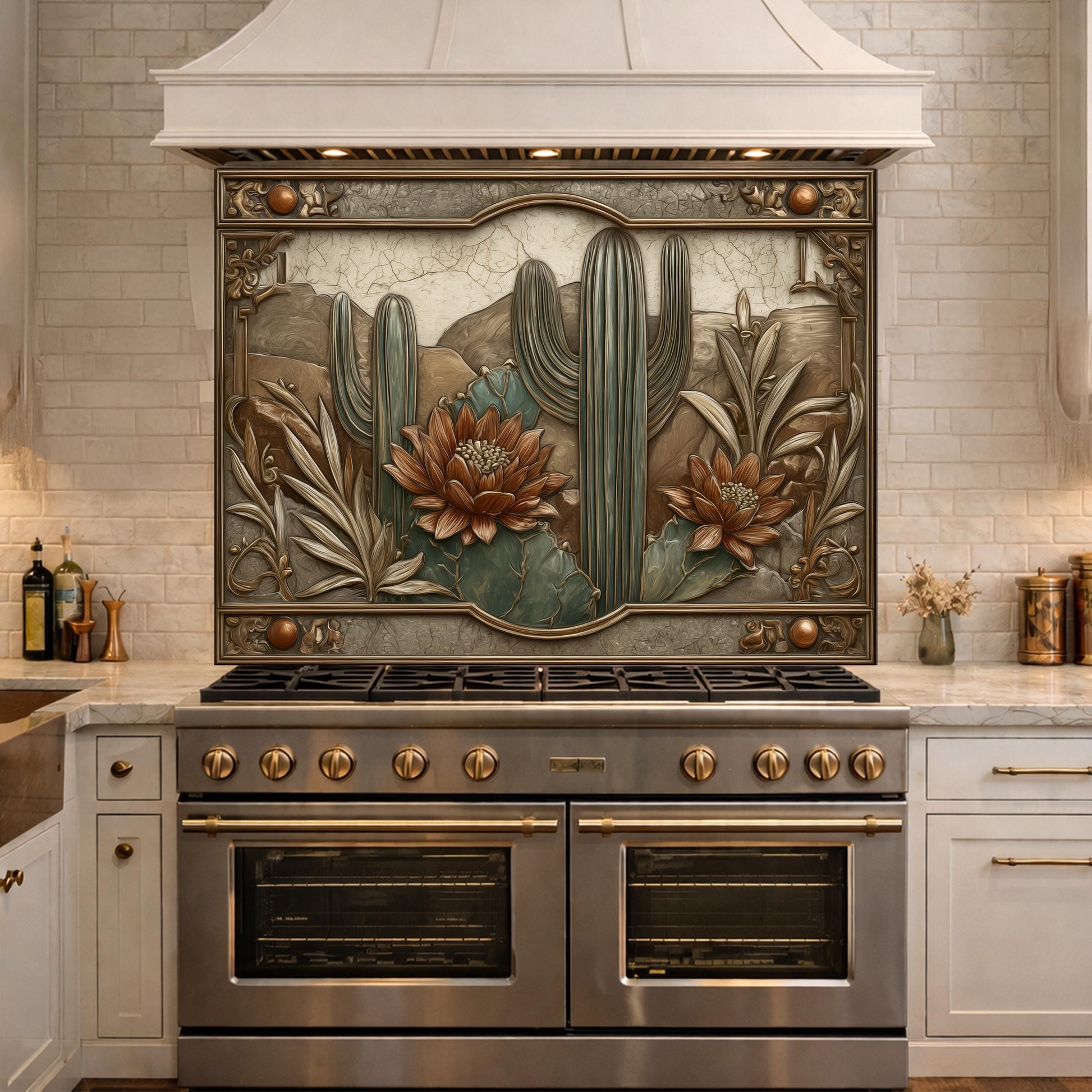 Desert Botanicals Tempered Glass Backsplash, Copper Look Cactus Floral Wall Panel, Custom Size