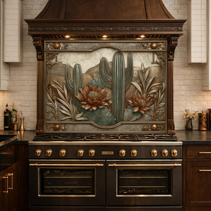 Desert Botanicals Tempered Glass Backsplash, Copper Look Cactus Floral Wall Panel, Custom Size