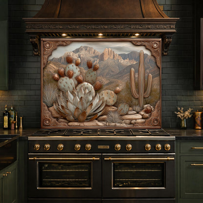 Desert Wilderness Tempered Glass Backsplash, Copper Look Cactus Mountain Wall Panel, Custom Size