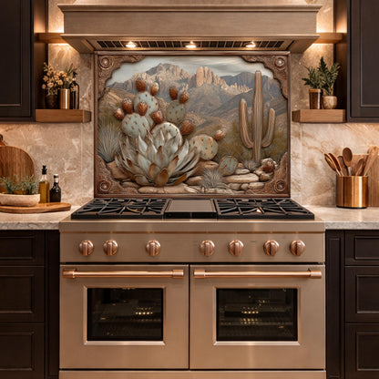 Desert Wilderness Tempered Glass Backsplash, Copper Look Cactus Mountain Wall Panel, Custom Size