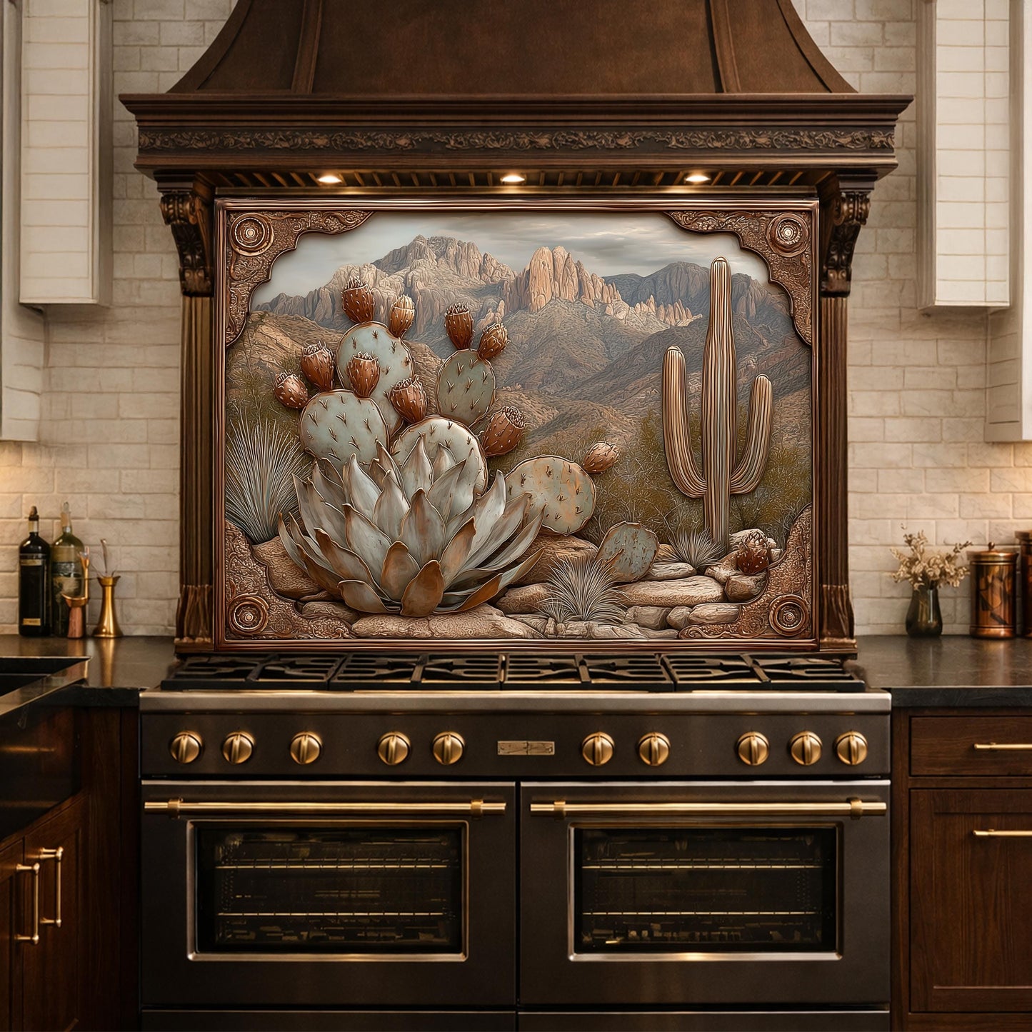 Desert Wilderness Tempered Glass Backsplash, Copper Look Cactus Mountain Wall Panel, Custom Size