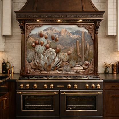 Desert Wilderness Tempered Glass Backsplash, Copper Look Cactus Mountain Wall Panel, Custom Size